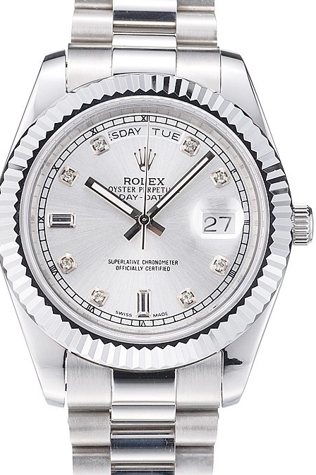 Aaa replica watch Bezel Ribbed DayDate Steel Dial Silver 41976 Rolex Stainless 0806